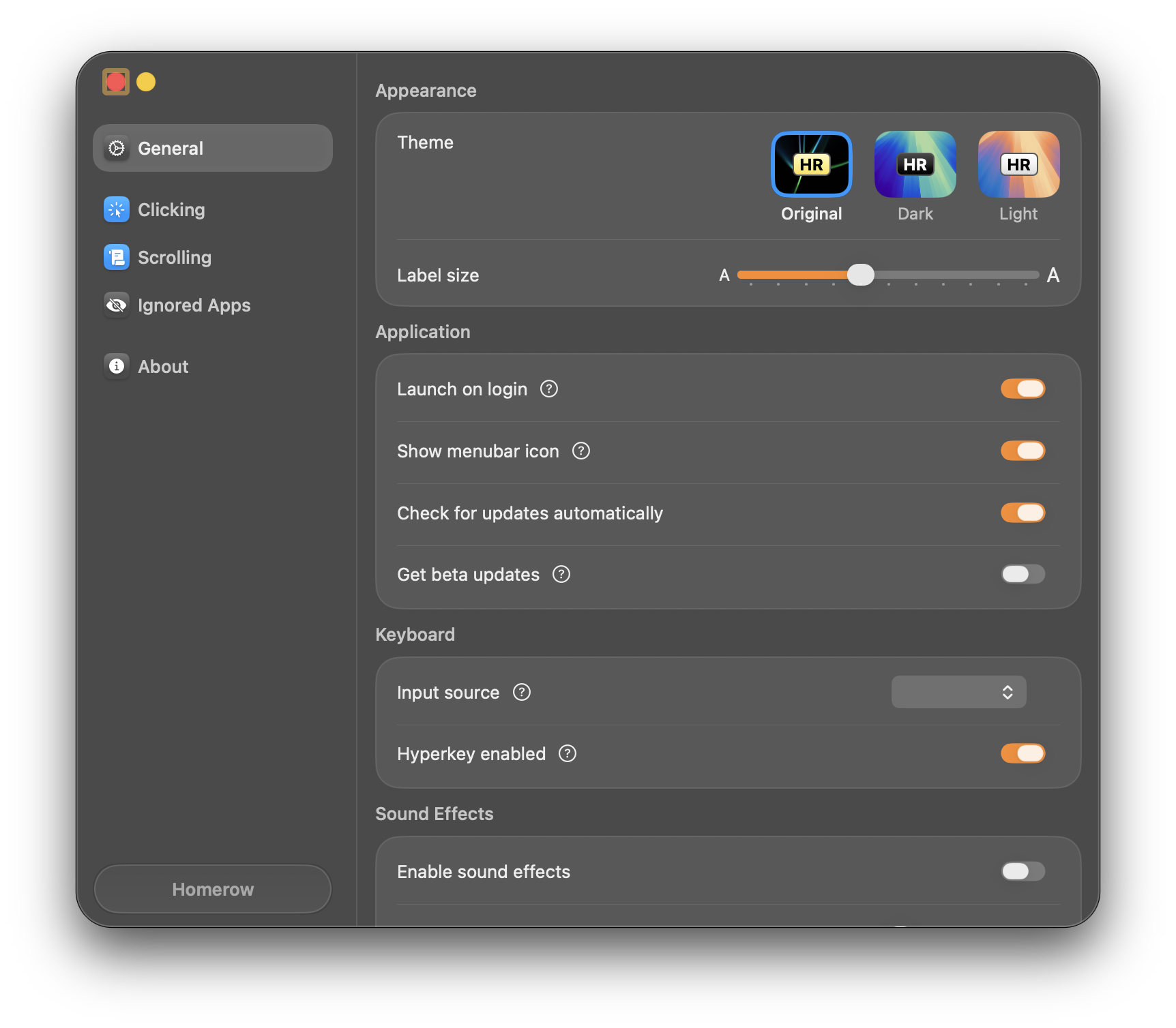 HomeRow settings page