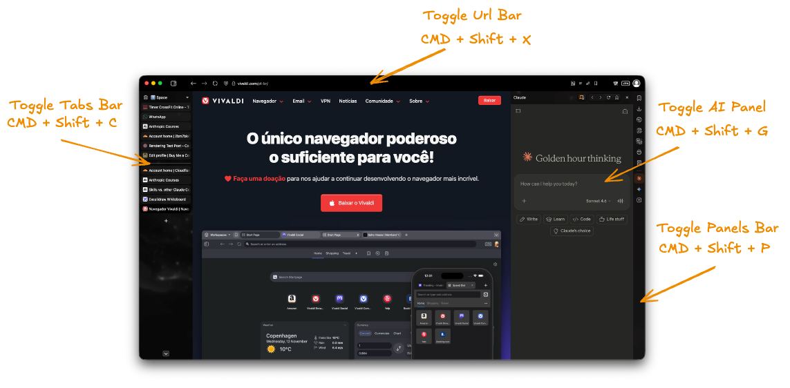 Image of the Vivaldi with keybindings around